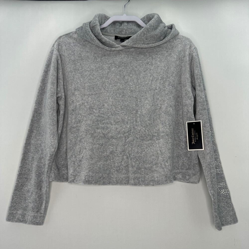 Juicy Couture Black Label Grey Velour Hoodie Pullover Rhinestone Size S Gothic - Picture 1 of 9